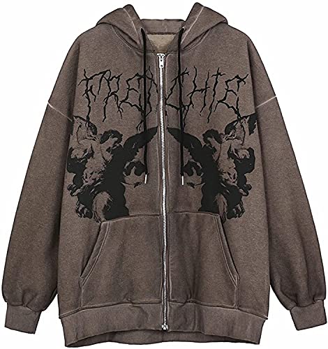 Phantasy Fairy Grunge Clothes Damen Vintage Full Zip Up Hoodie Ästhetischer Pullover Sweatjacke Kapuzenpullover Sweatshirt E-Girl 90er Streetwear Jacke, Stil 1: Braun, M von Phantasy