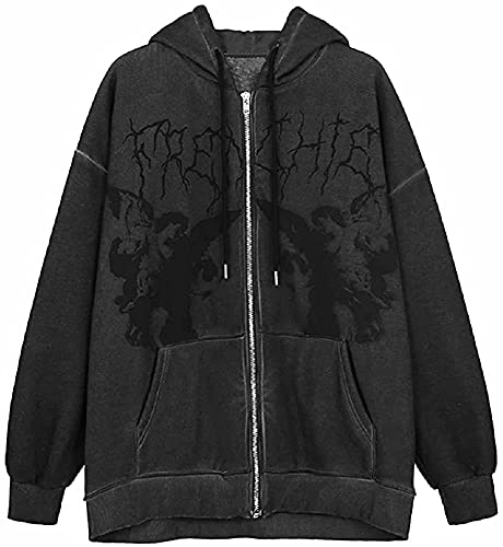 Phantasy Fairy Grunge Clothes Damen Vintage Full Zip Up Hoodie Ästhetischer Pullover Sweatshirt E-Girl 90er Streetwear Jacke, Stil 2: Dunkelgrau, L von Phantasy