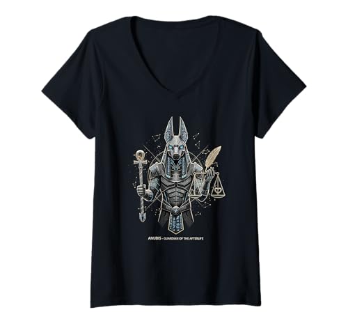 Damen Anubis Gott König Pharao von Ägypten Grafikdesign Illustration T-Shirt mit V-Ausschnitt von Pharaoh Power