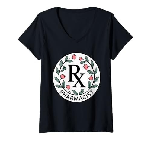 Damen RX Apotheker Blumenkranz Medizin T-Shirt mit V-Ausschnitt von Pharma Life Co.