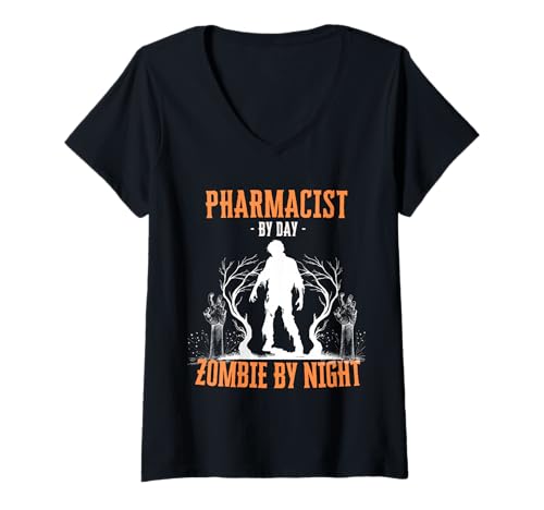 Damen Apotheker bei Tag Zombie bei Nacht Lustig Halloween Gruselig T-Shirt mit V-Ausschnitt von Pharmacist Halloween Career Costumes