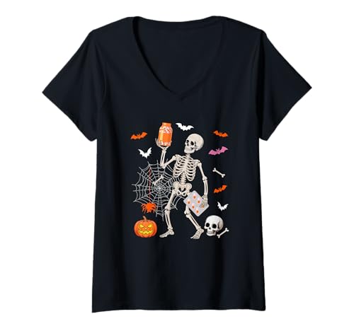 Damen Apotheker Job Horror Skelett Halloween Kostüm Team T-Shirt mit V-Ausschnitt von Pharmacist Halloween Costume