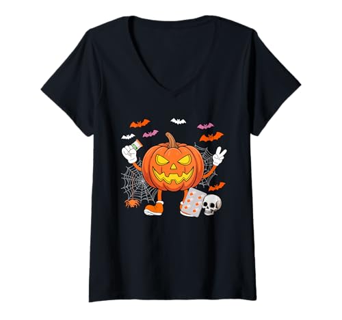 Damen Apotheker Job Horror geschnitzt Kürbis Halloween Kostüm Team T-Shirt mit V-Ausschnitt von Pharmacist Halloween Costume