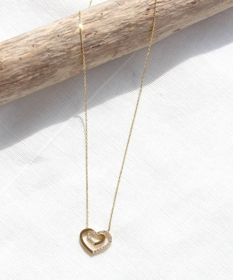 14K Solid Gold Doppelherz Halskette Mutter Kind Liebe Anhänger, Cubic Zirconia Pave Set von PharosJewellery