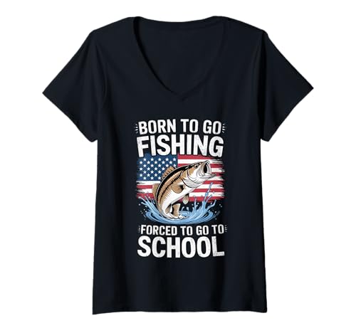 Damen Born To Go Fishing Forced To Go To Go To School T-Shirt mit V-Ausschnitt von Pheezneek