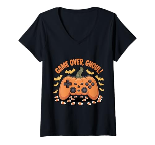 Damen Halloween-Gamer Pumpkin Game Over Ghul T-Shirt mit V-Ausschnitt von Pheezneek