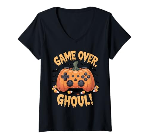 Damen Halloween-Gamer Pumpkin Game Over Ghul T-Shirt mit V-Ausschnitt von Pheezneek