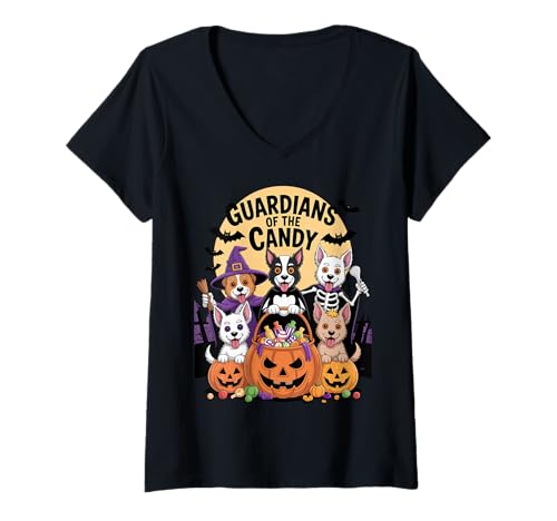 Damen Halloween-Hunde Guardians of The Candy T-Shirt mit V-Ausschnitt von Pheezneek