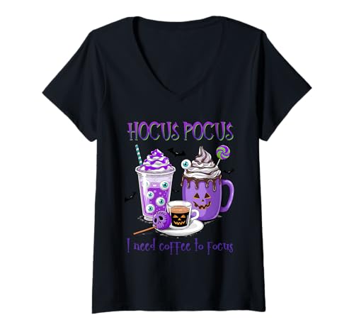 Damen Halloween Ich Brauche Kaffee, um Mich zu konzentrieren T-Shirt mit V-Ausschnitt von Pheezneek