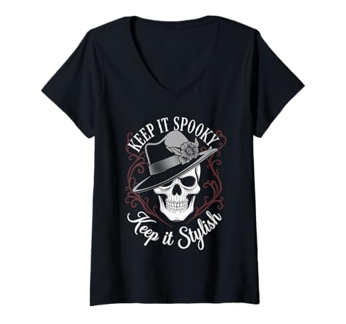 Damen Halloween Keep It Spooky Keep It Stylish Skelett T-Shirt mit V-Ausschnitt von Pheezneek
