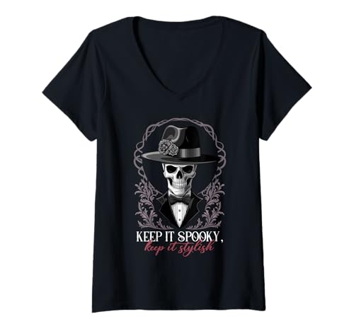 Damen Halloween Keep It Spooky Keep It Stylish Skelett T-Shirt mit V-Ausschnitt von Pheezneek