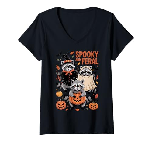 Damen Halloween Waschbär Gruselig und Ferral T-Shirt mit V-Ausschnitt von Pheezneek