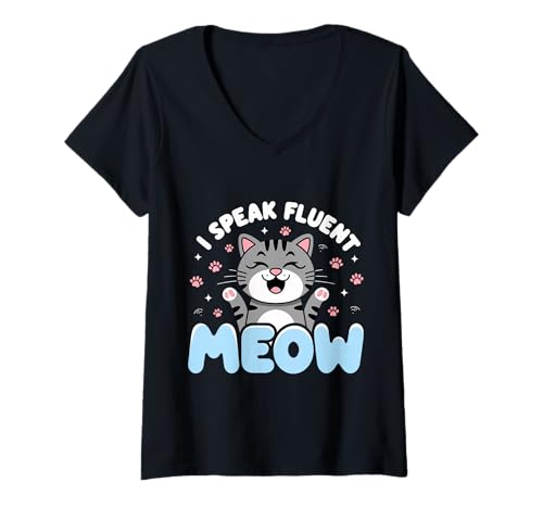 Damen Katzenliebhaber Ich spreche fließend MIAU T-Shirt mit V-Ausschnitt von Pheezneek
