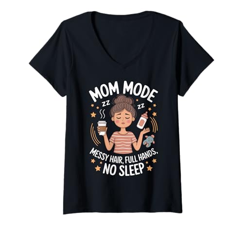 Damen Mom Mode Unordentliches Haar Volle Hände Kein Schlaf T-Shirt mit V-Ausschnitt von Pheezneek