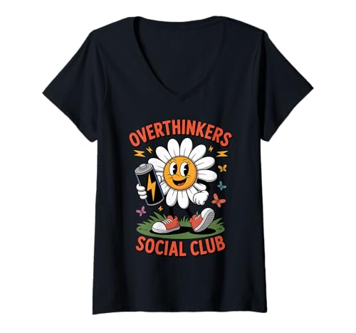 Damen Overthinkers Social Club T-Shirt mit V-Ausschnitt von Pheezneek