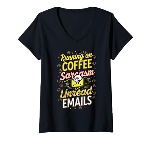 Damen Running On Coffee Sarkasmus und ungelesene E-Mails T-Shirt mit V-Ausschnitt von Pheezneek