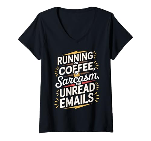 Damen Running On Coffee Sarkasmus und ungelesene E-Mails T-Shirt mit V-Ausschnitt von Pheezneek