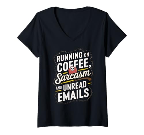 Damen Running On Coffee Sarkasmus und ungelesene E-Mails T-Shirt mit V-Ausschnitt von Pheezneek