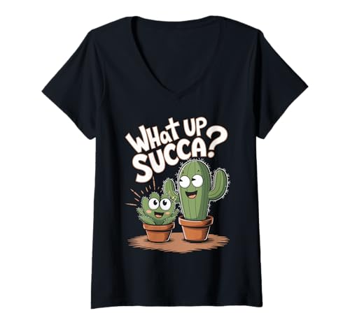 Damen What Up Succa Lustiger Kaktus T-Shirt mit V-Ausschnitt von Pheezneek
