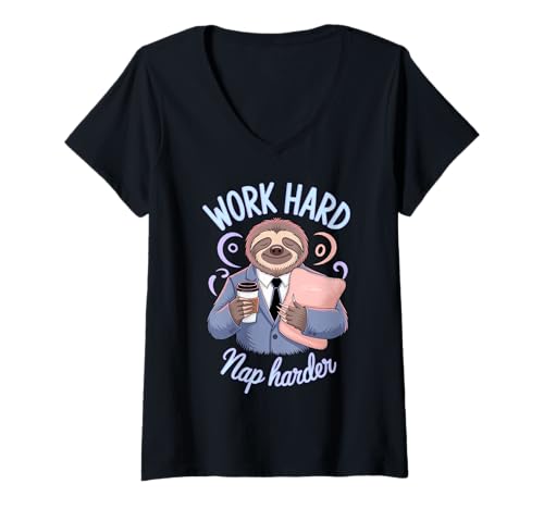 Damen Work Hard Nap Harder Funny Faultier T-Shirt mit V-Ausschnitt von Pheezneek
