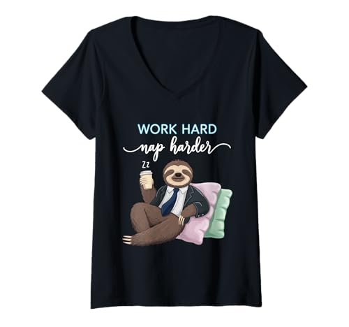 Damen Work Hard Nap Harder Funny Faultier T-Shirt mit V-Ausschnitt von Pheezneek