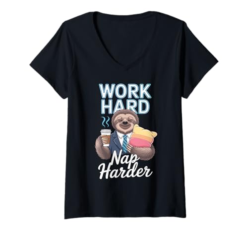 Damen Work Hard Nap Harder Funny Faultier T-Shirt mit V-Ausschnitt von Pheezneek