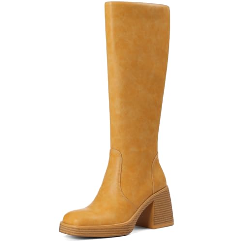 Kniehohe Stiefel für Damen, Kunstleder, Plateau, klobiger quadratischer Zehenbereich, seitlicher Reißverschluss, weite Wade, lange hohe Stiefel für Damen, gelb, 36 EU Kniehohe Stiefel für Damen, Kunstleder, Plateau, klobiger quadratischer Zehenbereich, seitlicher Reißverschluss, weite Wade, lange hohe Stiefel für Damen, gelb, 36 EU von Phefarer
