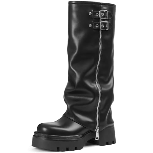 Kniehohe Stiefel für Damen, klobige Plateau-Sohle, bequem, Leder, runde Zehenpartie, Gothic, Moto-Kampfkleid, Stiefel für Damen, Schwarz, 39.5 EU Kniehohe Stiefel für Damen, klobige Plateau-Sohle, bequem, Leder, runde Zehenpartie, Gothic, Moto-Kampfkleid, Stiefel für Damen, Schwarz, 39.5 EU von Phefarer