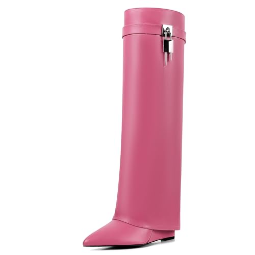 Phefarer Damenstiefel mit Keilabsatz, gefaltet, spitz, kniehoch, Haifisch-Stiefel, breite Wade, Vorhängeschloss, Pink, 39 EU Phefarer Damenstiefel mit Keilabsatz, gefaltet, spitz, kniehoch, Haifisch-Stiefel, breite Wade, Vorhängeschloss, Pink, 39 EU von Phefarer