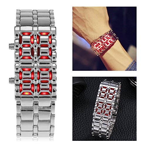 Phefop LED Lighting LED WATHTH Stahl GROPPE Ehepaar Armband Elektronische Armbanduhr Student und Jungen und Mädchen Paar (Silberband Rotlicht) von Phefop