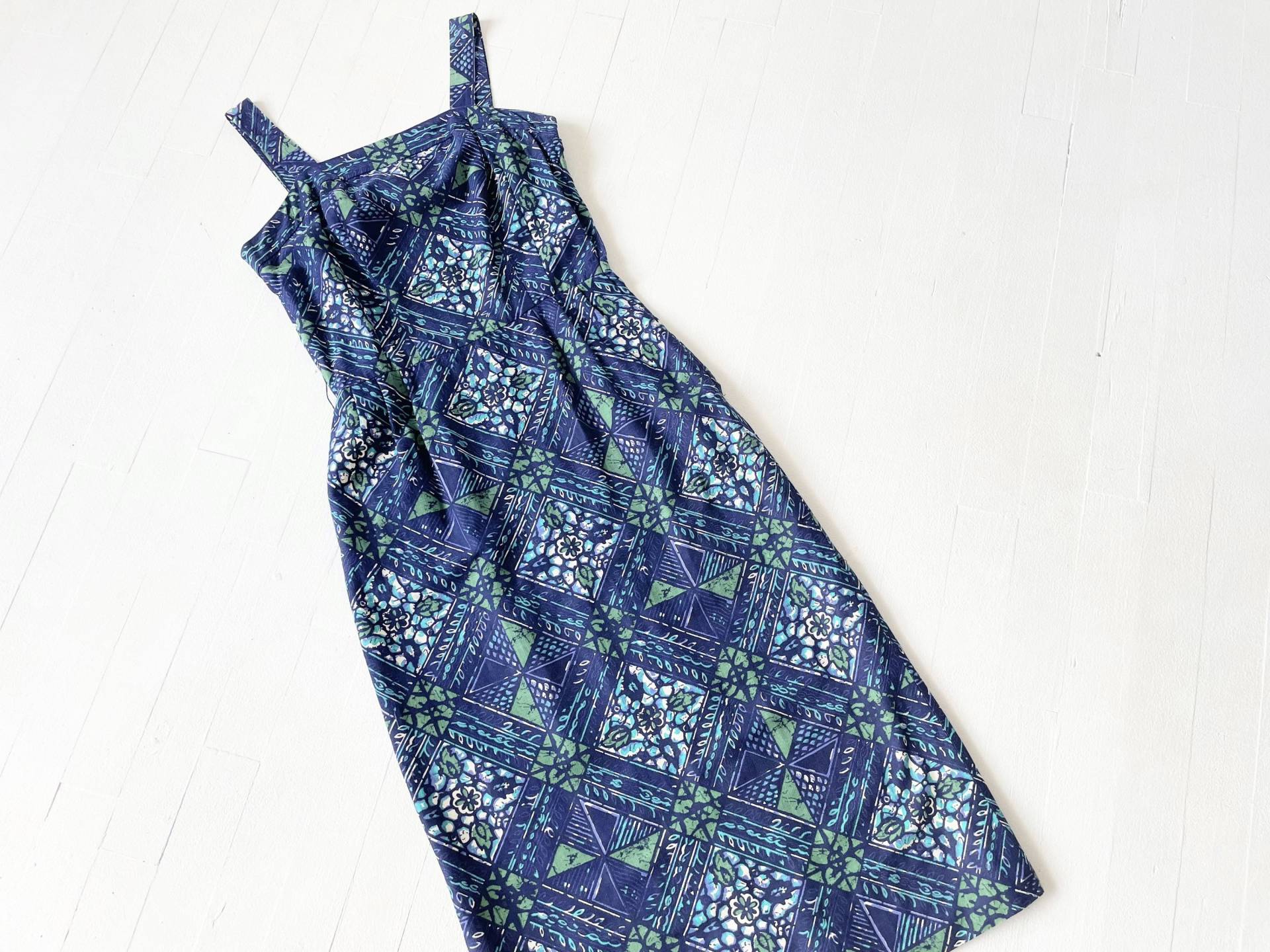 1950S Blaues Batik Print Wiggle Kleid von PhenixVintage