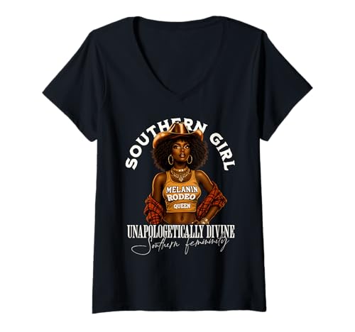 Damen Rodeokönigin aus dem Süden, Motiv Melanated T-Shirt mit V-Ausschnitt von Phenomenal Southern Melanated Cowgirl