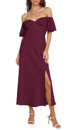 Sommerkleid für Damen aus Satin, schulterfrei, elegant mit Schmetterlingsärmeln und Schlitz, festliches Midi-Kleid für Hochzeit, Cocktailparty oder Abschlussball, Burgunder, Mittel von Phicia
