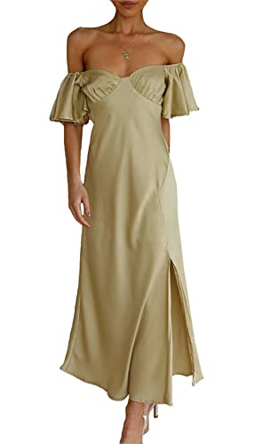Sommerkleid für Damen aus Satin, schulterfrei, elegant mit Schmetterlingsärmeln und Schlitz, festliches Midi-Kleid für Hochzeit, Cocktailparty oder Abschlussball, Oliv/Blatt für Mich (Leaf It to Me von Phicia