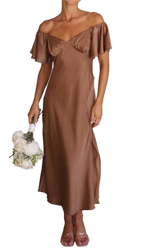 Sommerkleid für Damen aus Satin, schulterfrei, elegant mit Schmetterlingsärmeln und Schlitz, festliches Midi-Kleid für Hochzeit, Cocktailparty oder Abschlussball, Schokolade, Klein von Phicia