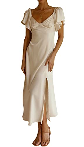 Phicia Damen Satin Off Shoulder Formal Kleider Hochzeit Gast Elegant Schmetterling Ärmel Split Cocktail Party Midi Kleid, Champagner, Mittel von Phicia