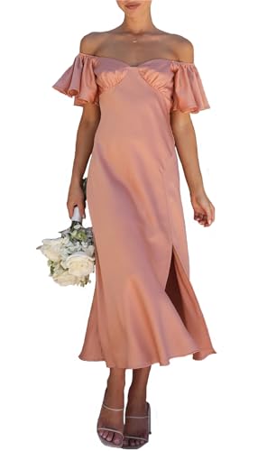 Phicia 2023 Sommer Damen Satin Schulterfrei formelles Kleid Hochzeit Gäste Elegant Schmetterling Ärmel Split Cocktail Abschlussball Midi Kleider, Desert Rose, Klein von Phicia
