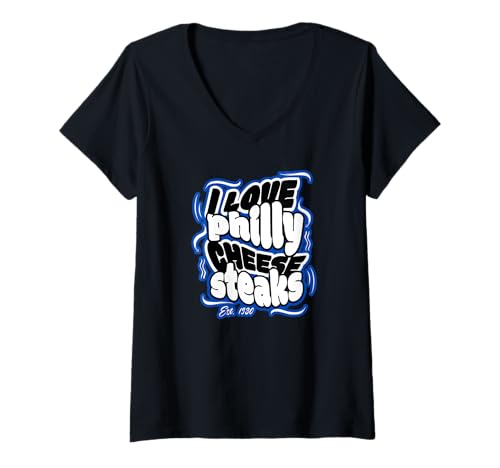 Damen Philly Ich liebe Cheesesteaks mit Philadelphia Steak Sandwich T-Shirt mit V-Ausschnitt von Philadelphia Cheesesteaks at VintagePhilly Designs