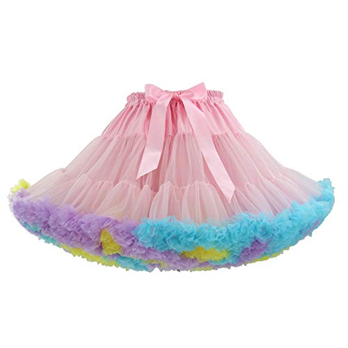 PhilaeEC Damen Petticoat Tüllrock Kurz Tutu Ballett Ballkleid Unterrock Underskirt Crinoline, Länge 40cm, Taille 55-95cm(Rosa + Regenbogen) von PhilaeEC