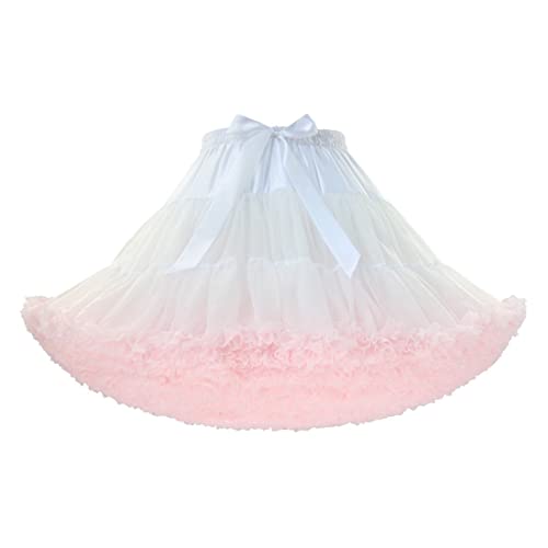 PhilaeEC Damen Petticoat Tüllrock Kurz Tutu Ballett Ballkleid Unterrock Underskirt Crinoline, Länge 40cm, Taille 55-95cm(Weiß + Rosa) von PhilaeEC