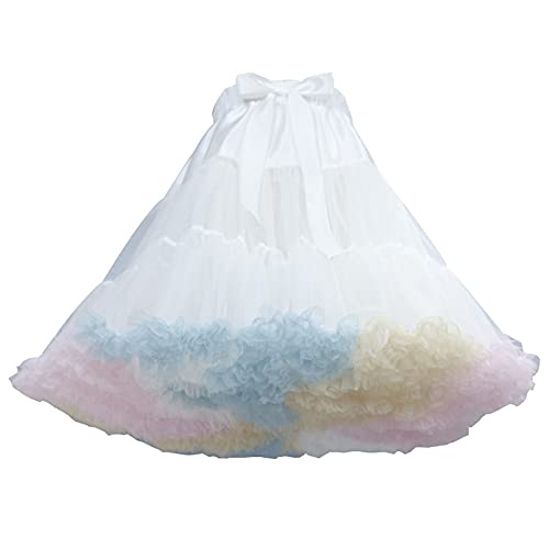 PhilaeEC Damen Petticoat Tüllrock Tutu Unterrock Ballett Tanzkleid Cosplay Ballkleid Abendkleid Gelegenheit Zubehör, Länge 40cm, Taille 55-95cm(Weiß+Regenbogen) von PhilaeEC