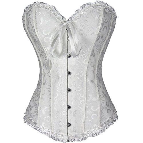 PhilaeEC Damen Schnürkorsett Top Übergröße Satin Floral Boned Overbust Bustier Lingerie(Weiß, 3XL) von PhilaeEC