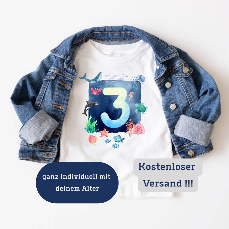 Personalisiertes Geburtstagsshirt Geburtstagskind Mädchen Junge Baby T-Shirt Alter Namen Meerestiere Wal Schildkröte Qualle Seestern von PhilessaCreations
