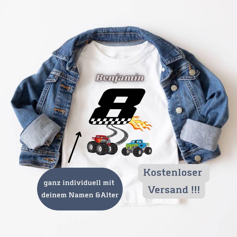Personalisiertes Geburtstagsshirt Geburtstagskind Mädchen Junge Baby T-Shirt Alter Namen Monstertruck Rennauto Autorennen von PhilessaCreations