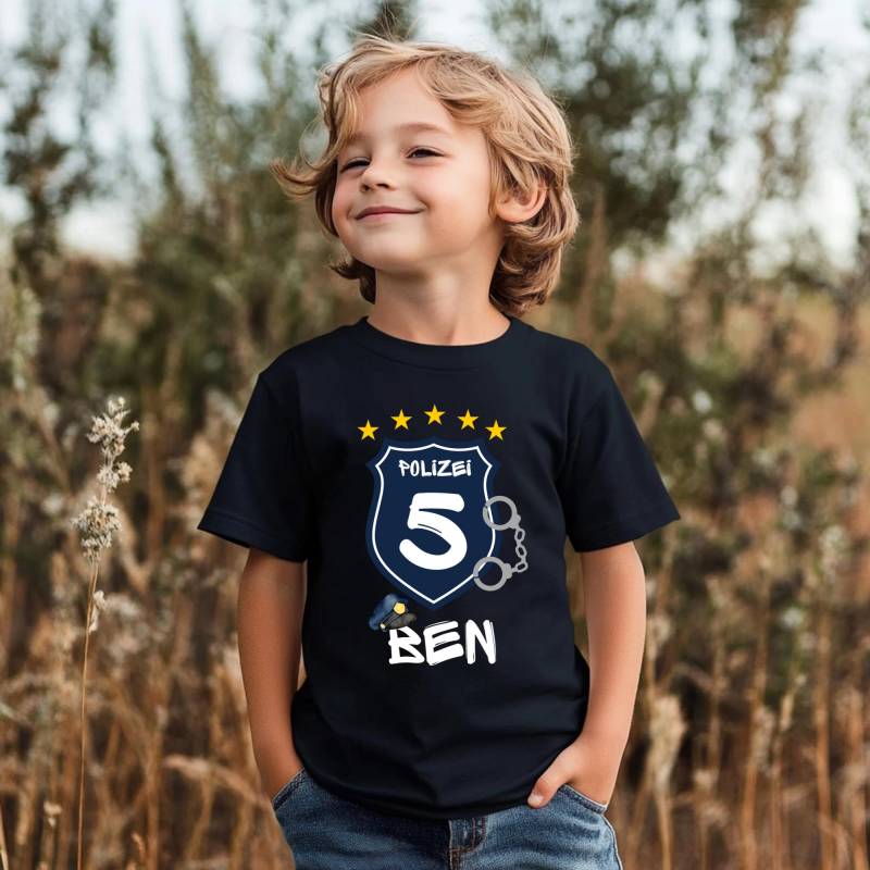 Personalisiertes Geburtstagsshirt - Geburtstagskind Mädchen Junge Baby T-Shirt Alter & Name Polizei Polizeiauto Handschellen Hund Blau von PhilessaCreations