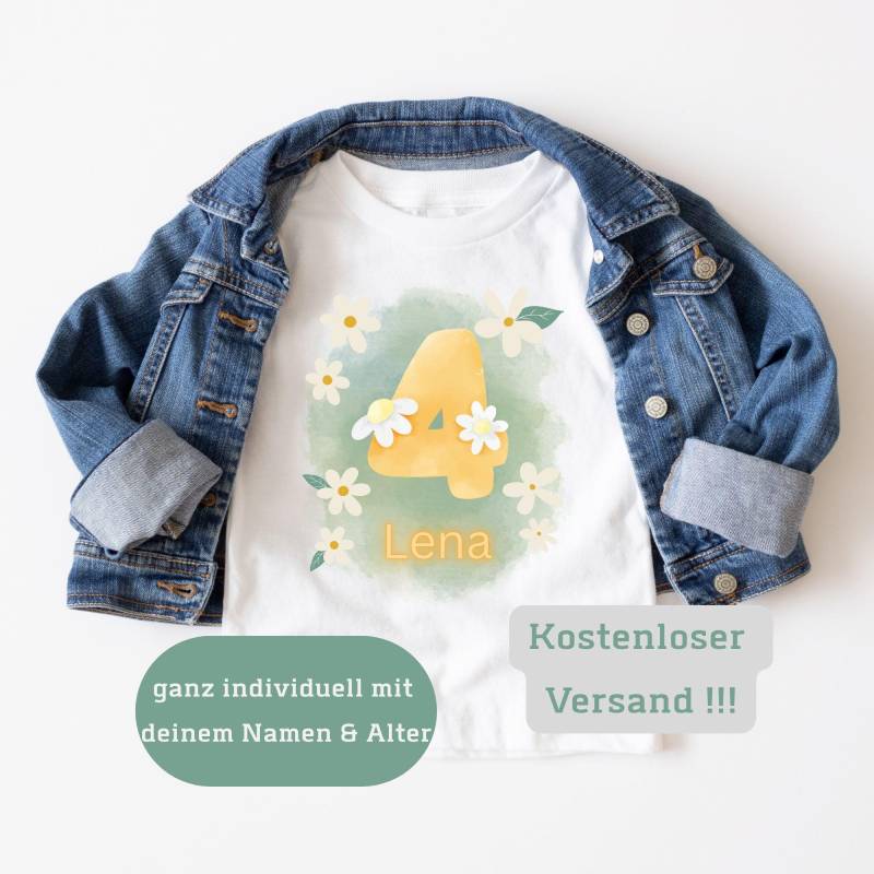 Personalisiertes Mädchen Geburtstagsshirt Mit Alter Und Namen Individuell Bedruckt Im Gänseblümchen Stil Aus 100% Reiner Baumwolle von PhilessaCreations