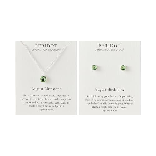 August (Peridot) Set aus Geburtsstein-Halskette und Ohrringen mit Zircondia®-Kristallen von Philip Jones