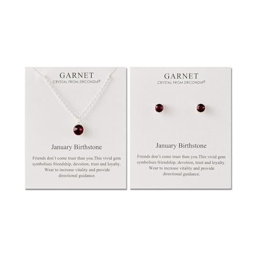 Philip Jones Januar (Granat) Geburtsstein-Halsketten- und Ohrringe-Set mit Zircondia®-Kristallen von Philip Jones