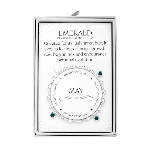 Philip Jones Mai (Smaragd) Geburtsstein Stretch-Charm-Armband mit Zitat-Geschenkbox, Versilbert, Zirkondia®-Kristall von Philip Jones