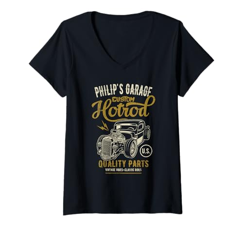 Damen Philip's Hotrod Garage Oldtimer Philip Design T-Shirt mit V-Ausschnitt Damen Philip's Hotrod Garage Oldtimer Philip Design T-Shirt mit V-Ausschnitt von Philip's Garage Designs for the Name Philip